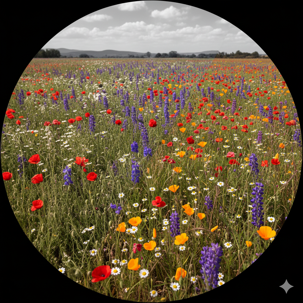 Vibrant wildflowers blooming in a meadow, symbolizing diverse minds flourishing